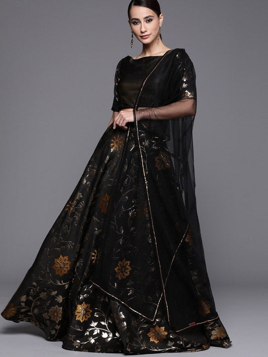 Black Gold Floral Woven Semistitched Lehenga with Blouse and Net Dupatta - inddus-us