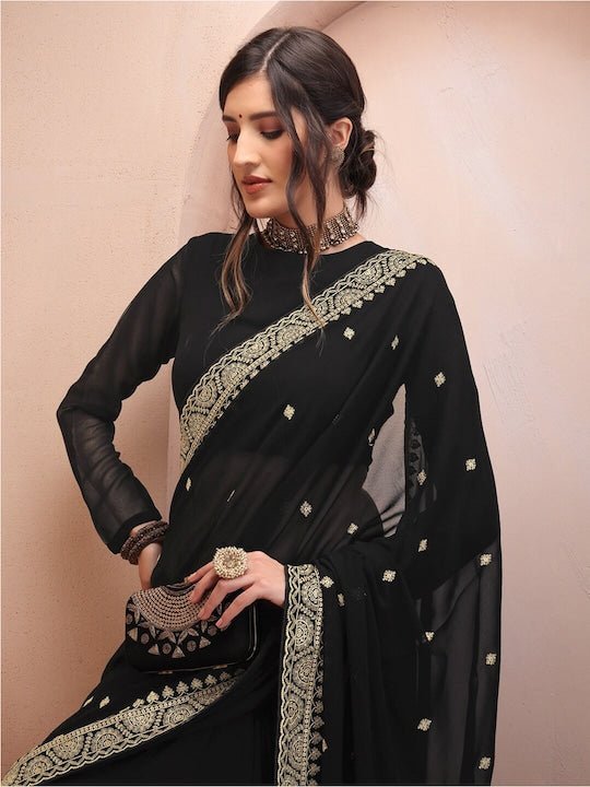 Black & Gold-Toned Floral Embroidered Poly Georgette Saree - Inddus.com