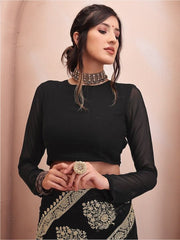 Black & Gold-Toned Floral Embroidered Poly Georgette Saree - Inddus.com
