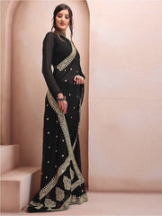 Black & Gold-Toned Floral Embroidered Poly Georgette Saree - Inddus.com