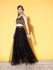 Black & Gold-Toned Sequinned Semi-Stitched Lehenga & Unstitched Blouse With Dupatta - Inddus.com