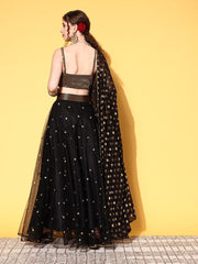 Black & Gold-Toned Sequinned Semi-Stitched Lehenga & Unstitched Blouse With Dupatta - Inddus.com
