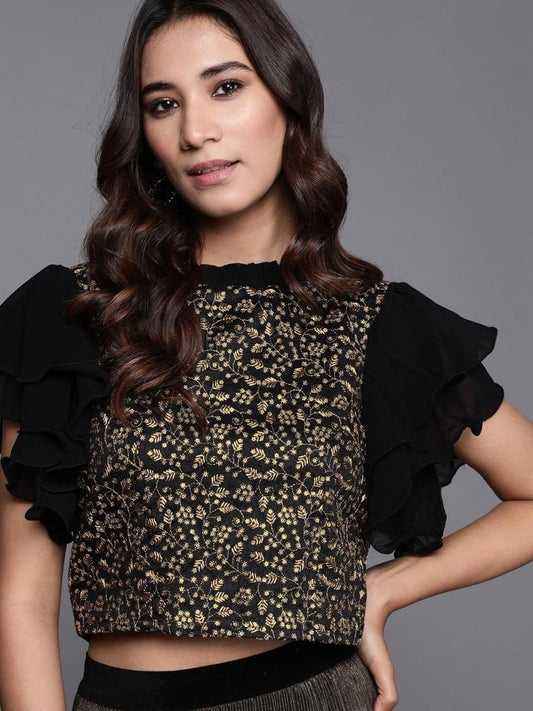 Black & Golden Embroidered Top - inddus-us