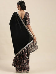 Black Half and Half Velvet and Floral Print Pallu Ruffled Saree - Inddus.com