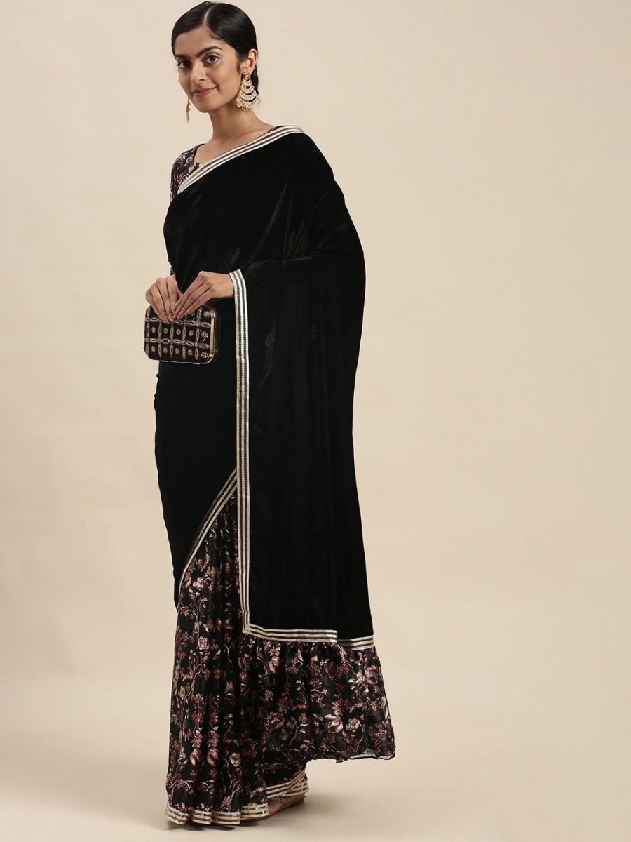 Black Half and Half Velvet and Floral Print Pallu Ruffled Saree - Inddus.com