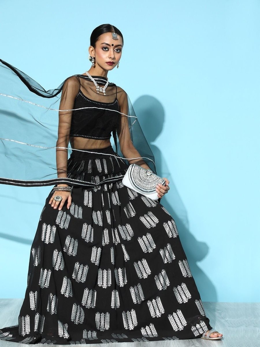 Black Lehenga with Dupatta and Blouse - Inddus.com