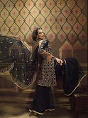 Black Net Embroidered Partywear Sharara Suit - inddus-us