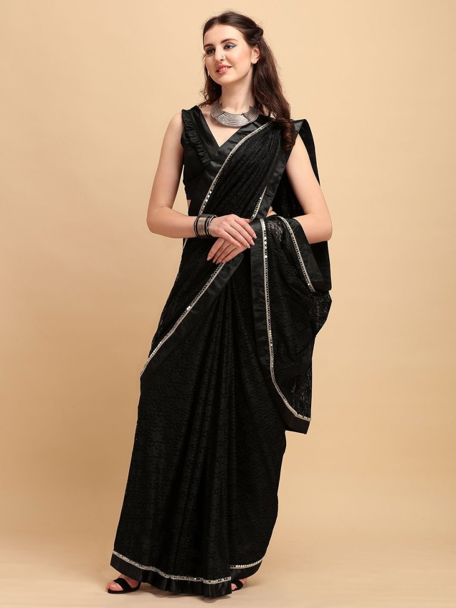 Black Net Self Design Mirror Embroidered Saree - inddus-us