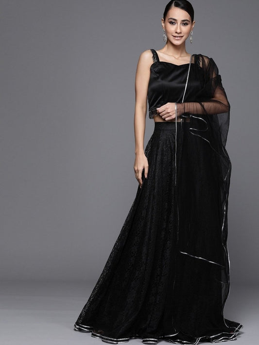 Black Net Self Design Semistitched Lehenga with Solid Blouse and Net Dupatta - inddus-us