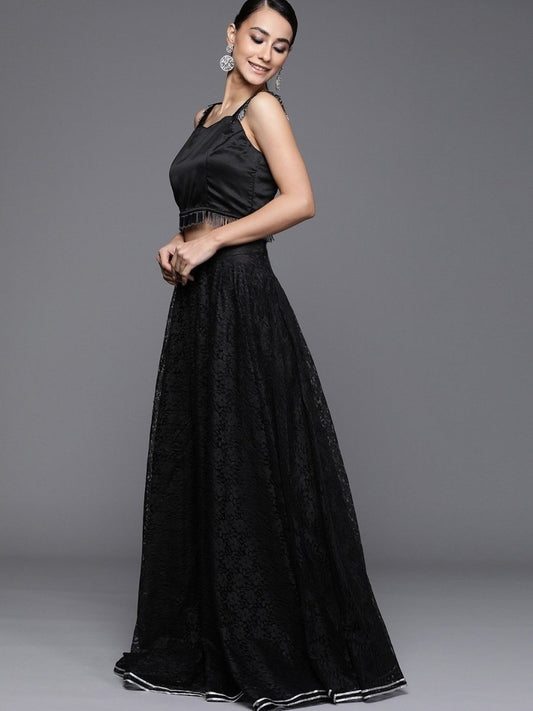 Black Net Self Design Semistitched Lehenga with Solid Blouse and Net Dupatta - inddus-us