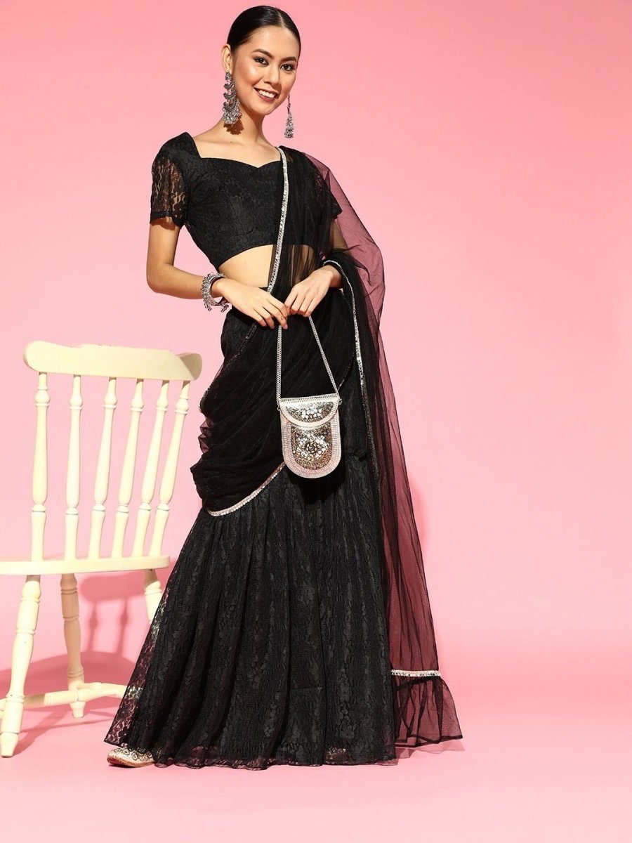 Black Net Stitched Ruffled Sharara Saree with Blouse Piece - inddus-us