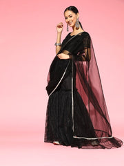 Black Net Stitched Ruffled Sharara Saree with Blouse Piece - inddus-us