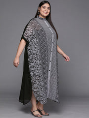 Black & Off White Printed Georgette Kaftan Maxi Dress - Inddus.com