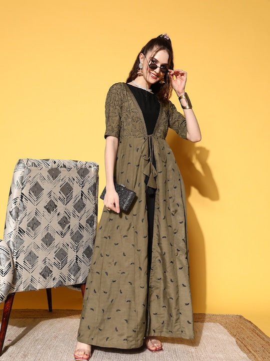Black & Olive Green Embroidered Maxi Dress With Embroidered Jacket - Inddus.com