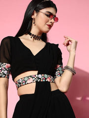 Black Palazzo Saree with Embroidered Belt - Inddus.com