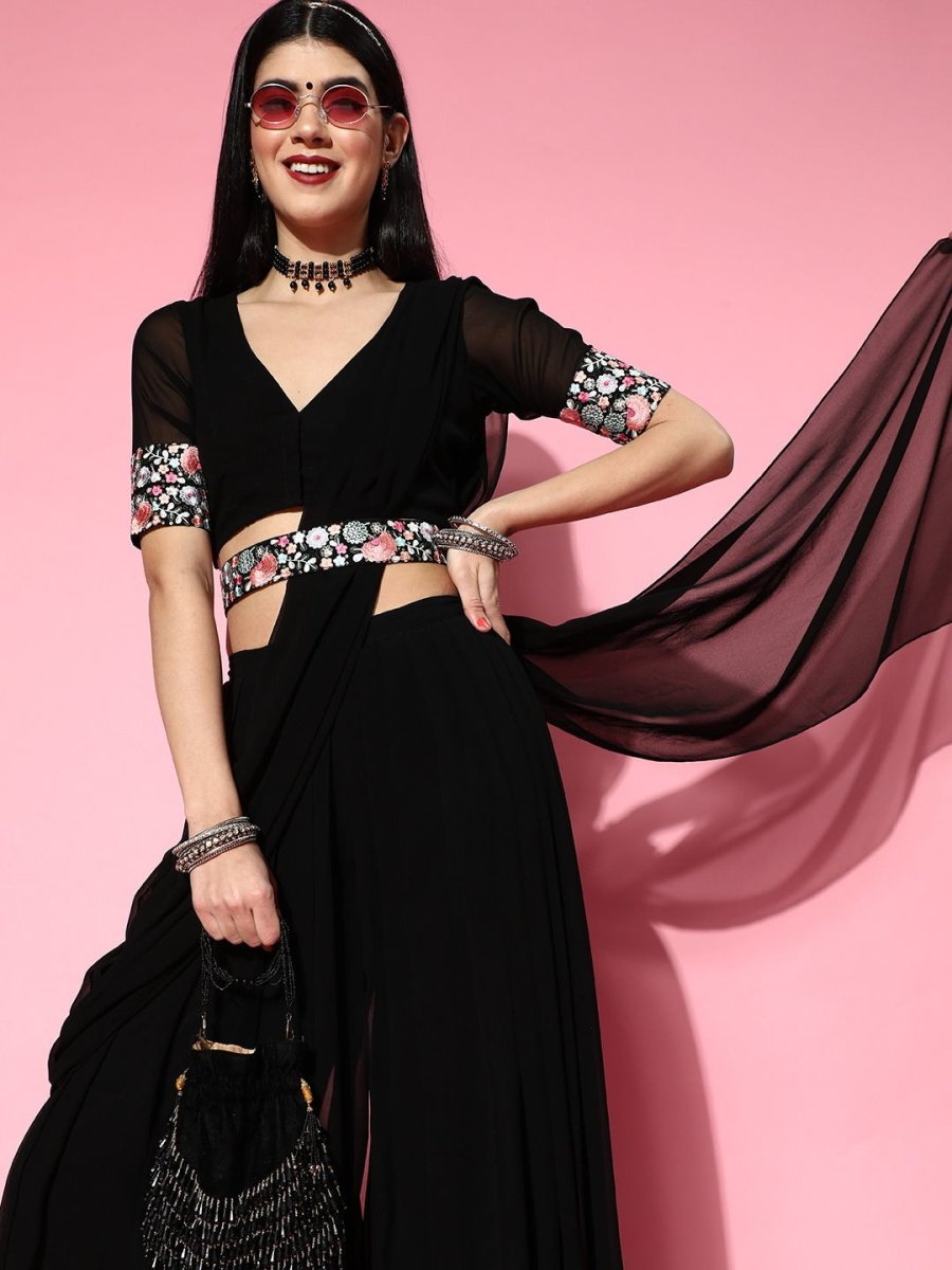 Black Palazzo Saree with Embroidered Belt - Inddus.com