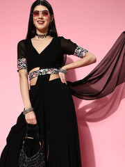 Black Palazzo Saree with Embroidered Belt - Inddus.com