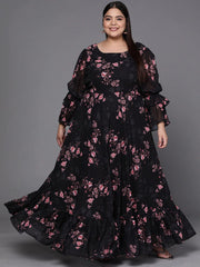 Black & Pink Floral Print Georgette Ethnic Maxi Dress - Inddus.com
