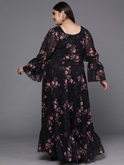 Black & Pink Floral Print Georgette Ethnic Maxi Dress - Inddus.com