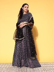 Black & Pink Printed Semi-Stitched Lehenga & Unstitched Blouse With Dupatta - Inddus.com
