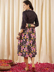 Black, Pink & Yellow Floral Printed V-Neck Gathered Detailed Pure Cotton Empire Midi Ethnic Dress - Inddus.com