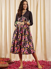 Black, Pink & Yellow Floral Printed V-Neck Gathered Detailed Pure Cotton Empire Midi Ethnic Dress - Inddus.com