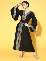 Black Poly Silk Partywear Ethnic Motifs Dresses - Inddus.com