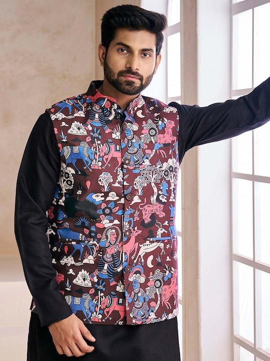 Black Printed Nehru Jacket - Inddus.com