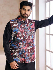 Black Printed Nehru Jacket - Inddus.com