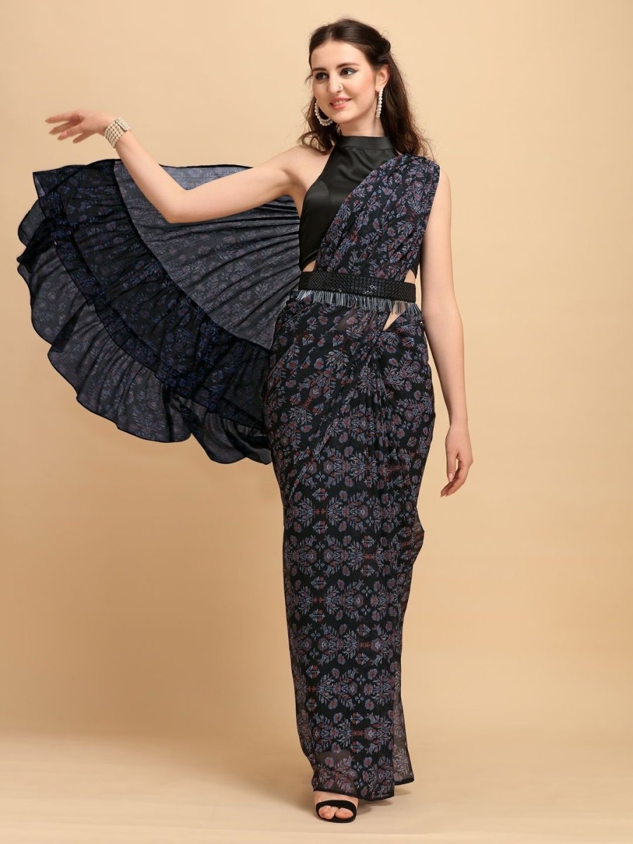 Black Printed Ruffled Saree with Sequinned Belt - inddus-us