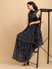 Black Printed Ruffled Saree with Sequinned Belt - inddus-us