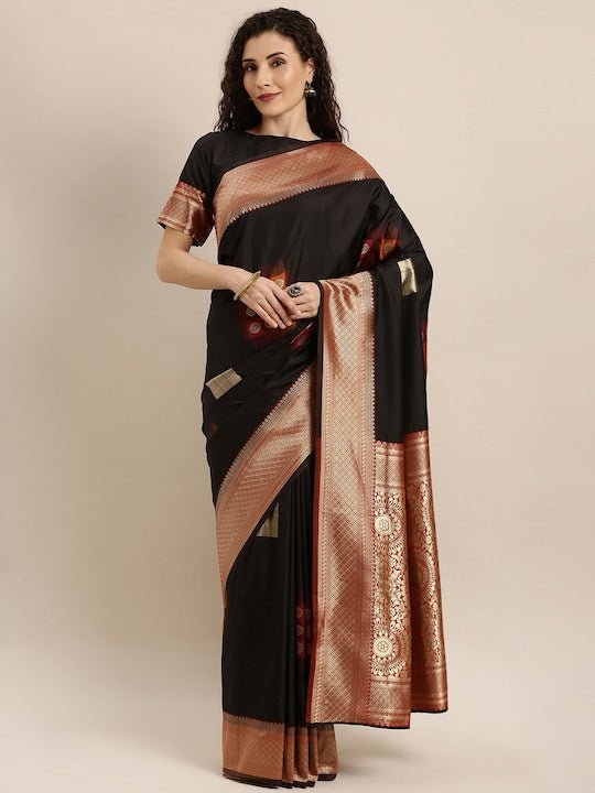 Black & Red Silk Blend Woven Design Saree
