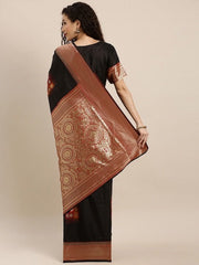 Black & Red Silk Blend Woven Design Saree - Inddus.com