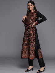 Black & Red Woven Pashmina Winter Wear Unstitched Dress Material - Inddus.com