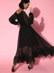 Black Self Design Ruffled Midi Gown - Inddus.com