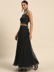 Black Semi-Stitched Lehenga & Unstitched Blouse With Dupatta - Inddus.com
