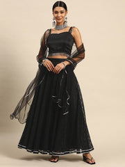 Black Semi-Stitched Lehenga & Unstitched Blouse With Dupatta - Inddus.com