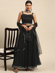 Black Semi-Stitched Lehenga & Unstitched Blouse With Dupatta - Inddus.com