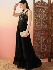 Black Sequence Embroidered Flared Maxi Ethnic Dresses - Inddus.com