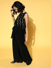 Black Sequinned Embroidered Top & Palazzo - Inddus.com