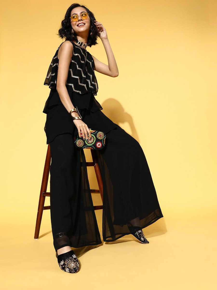 Black Sequinned Embroidered Top & Palazzo - Inddus.com