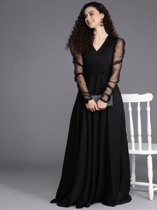 Black Sequins Embroidered Ethnic Gown - Inddus.com