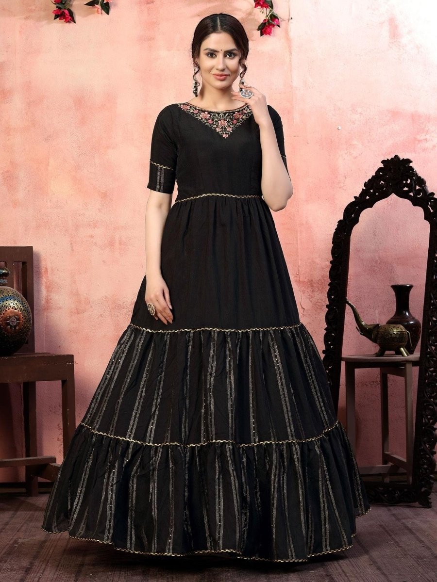 Black Silk Sequins Work Anarkali Gown - inddus-us