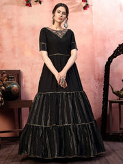Black Silk Sequins Work Anarkali Gown - inddus-us