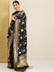 Black Silver and Golden Floral Etnic Motifs Zari Woven Saree - Inddus.com