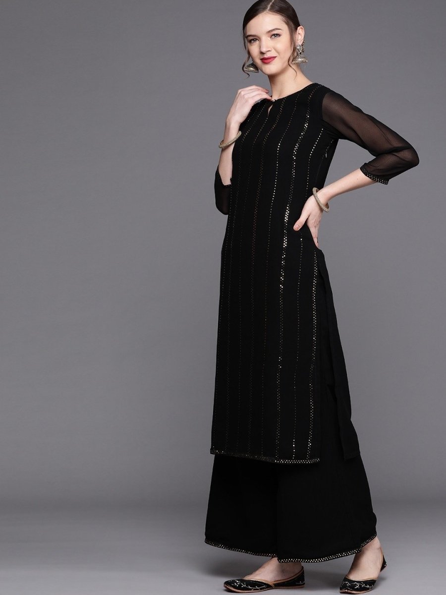 Black Silver Embellished Kurta with Palazzo and Net Dupatta - inddus-us