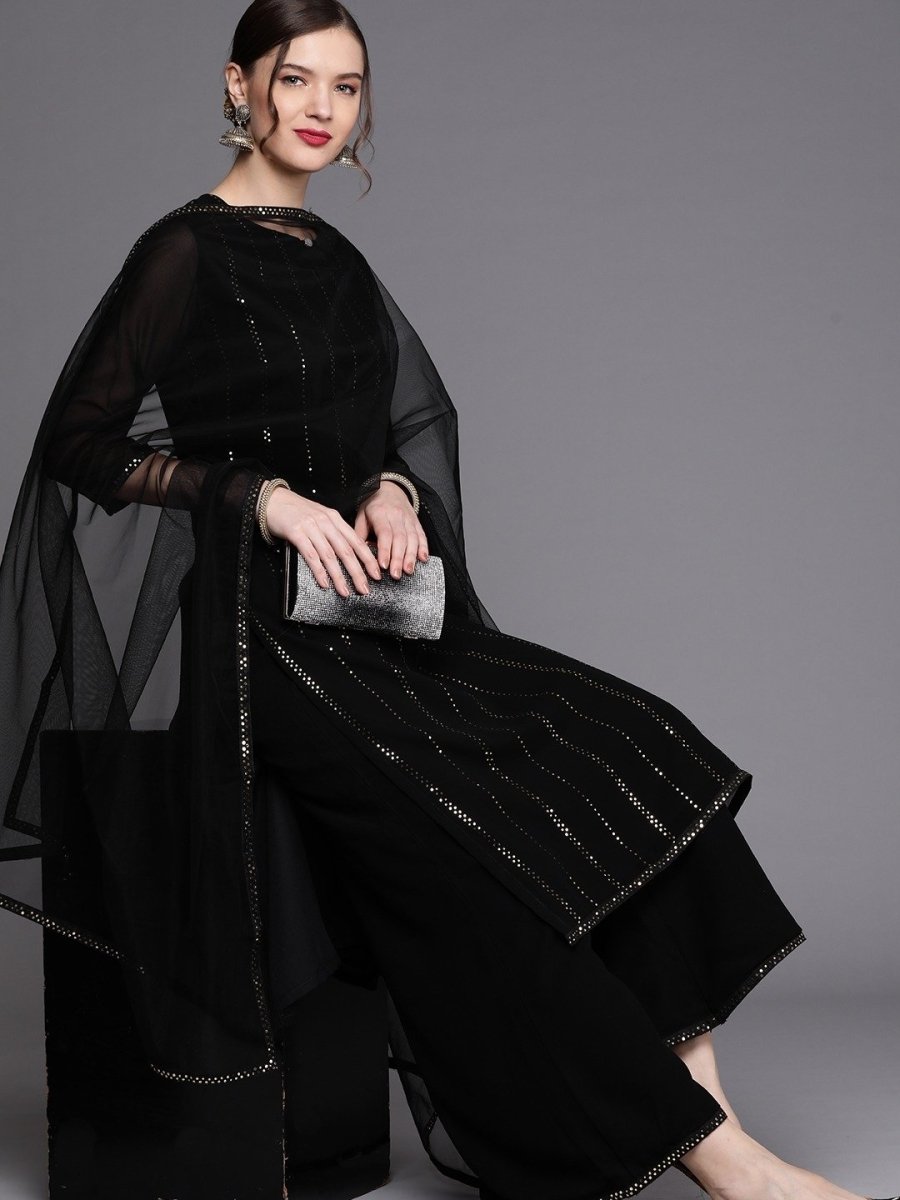 Black Silver Embellished Kurta with Palazzo and Net Dupatta - inddus-us