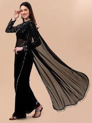 Black & Silver-Toned Sequinned Saree - Inddus.com