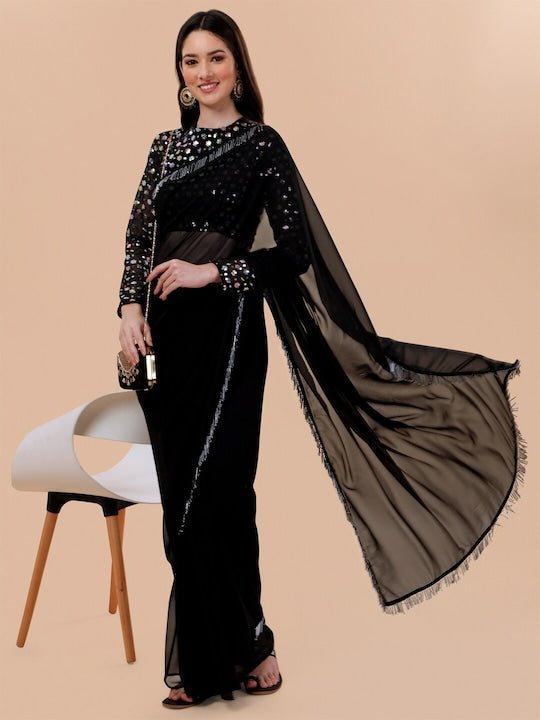 Black & Silver-Toned Sequinned Saree - Inddus.com