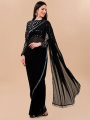Black & Silver-Toned Sequinned Saree - Inddus.com